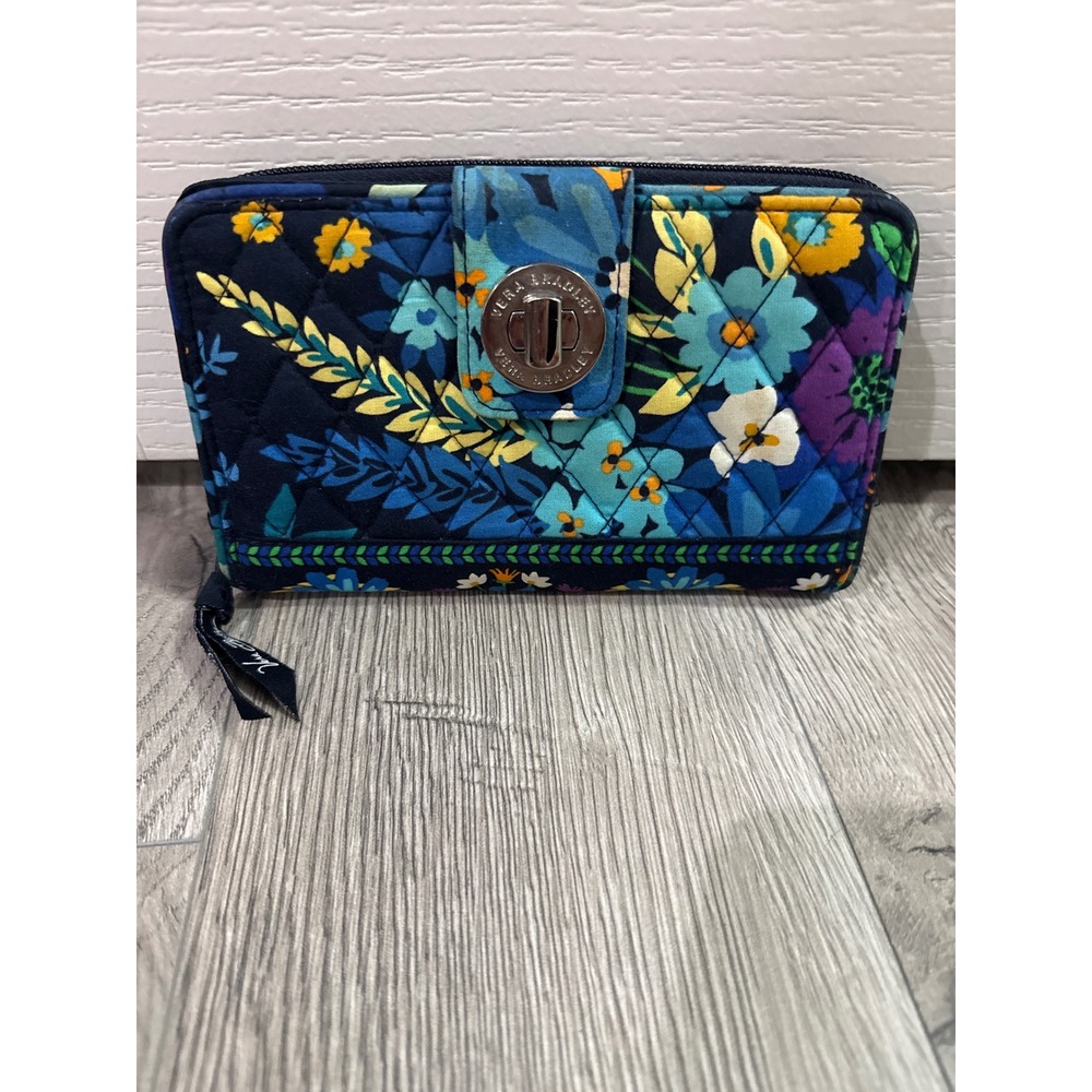 Vera Bradley Navy Blue Floral Quilted Cotton Turnlock Zip Around Wallet